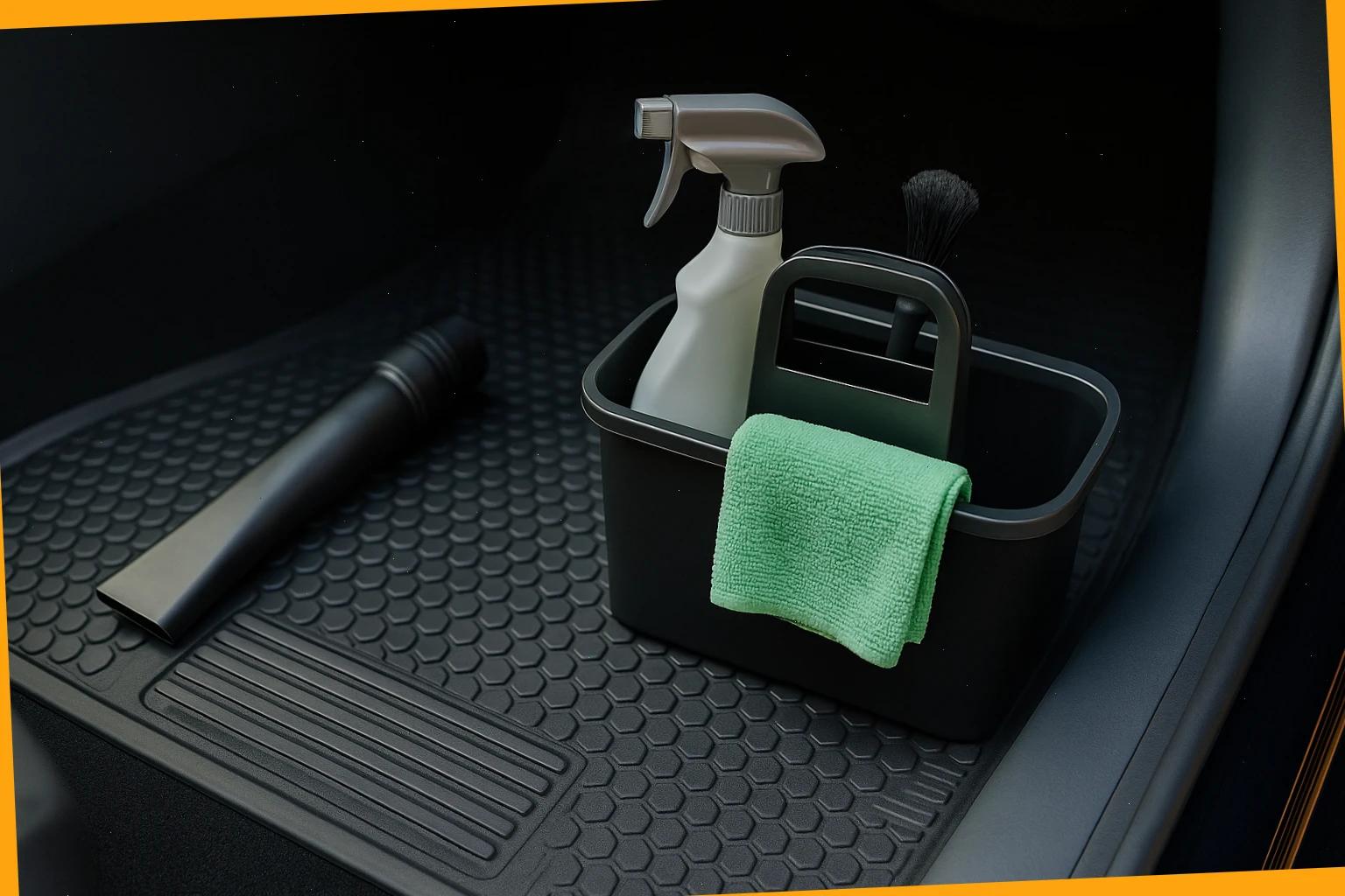 Vacuum nozzle and tidy caddy placed on a clean rubber floor mat