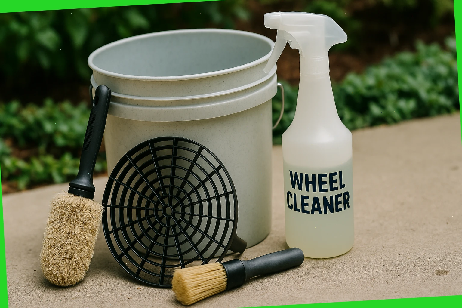 Brush and wheel cleaner set beside a lined bucket and grit guard