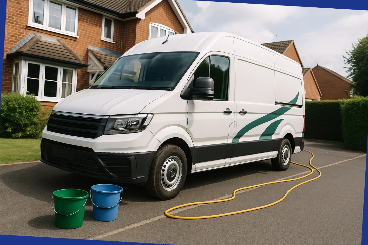 Mobile wash van parked on a suburban driveway with hose and buckets neatly set