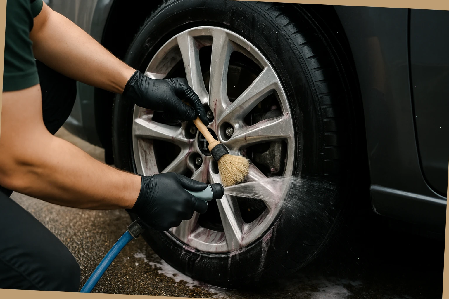 Wheel cleaner brushing spokes and rinsing brake dust with a low-pressure spray